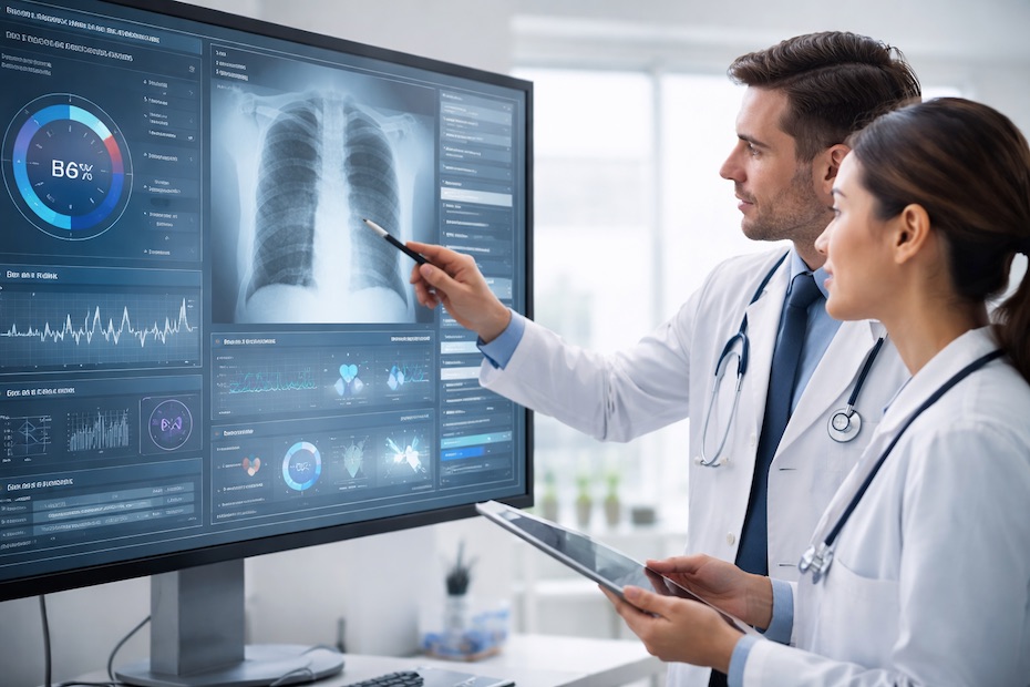 Healthcare professionals reviewing AI-generated clinical data on a digital display